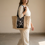 Celestial Print Beige Tote Bag with Black Handles