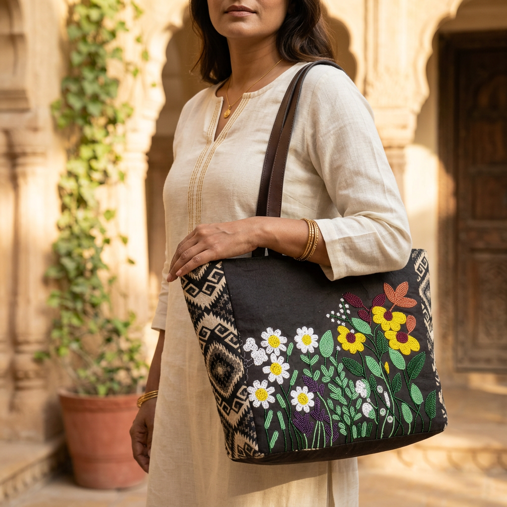Floral Garden Embroidered Jacquard Tote Bag – Dark Brown
