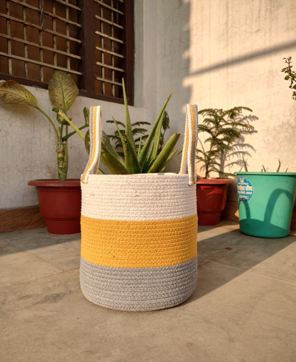 Large Braided Storage Basket – White, Yellow, and Gray