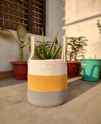 Large Braided Storage Basket – White, Yellow, and Gray