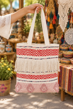 Red and pink tote bag at a craft market
