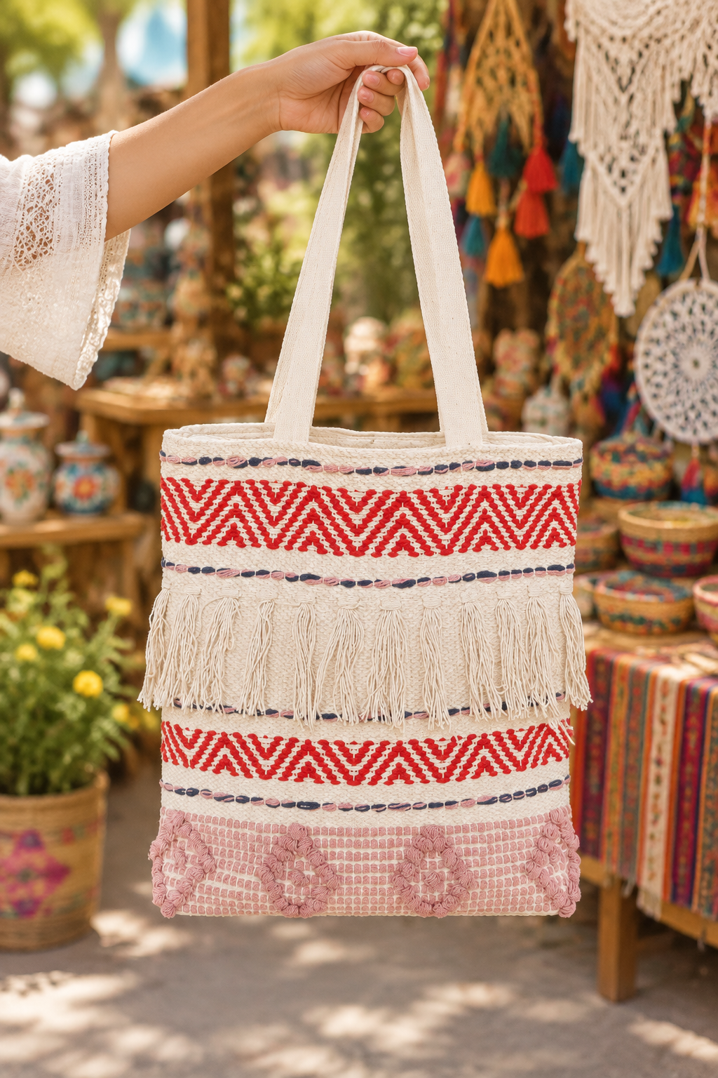 Red and pink tote bag at a craft market