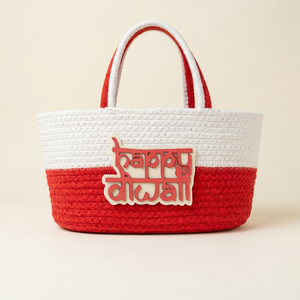 Red aur white Diwali bag ki standing close-up image