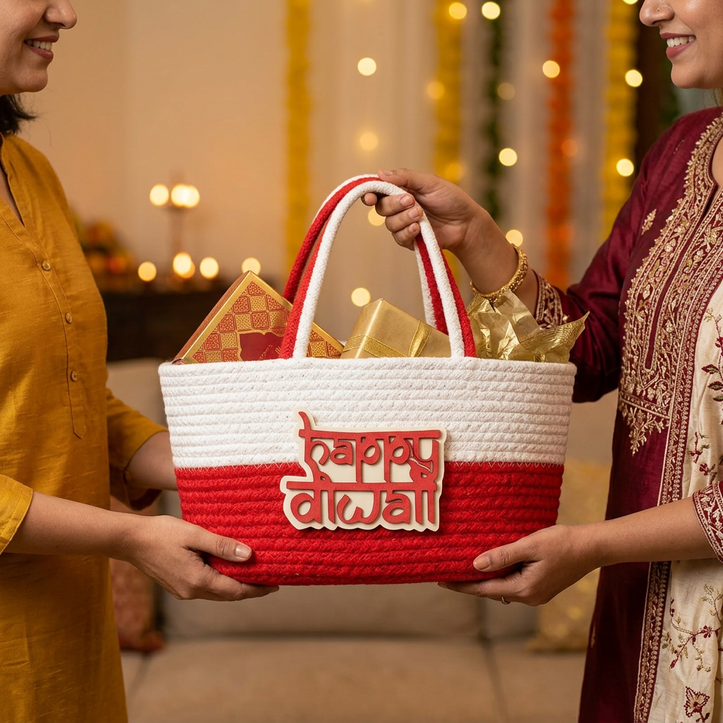 Red bag ka Diwali gift hamper dete hue lifestyle image