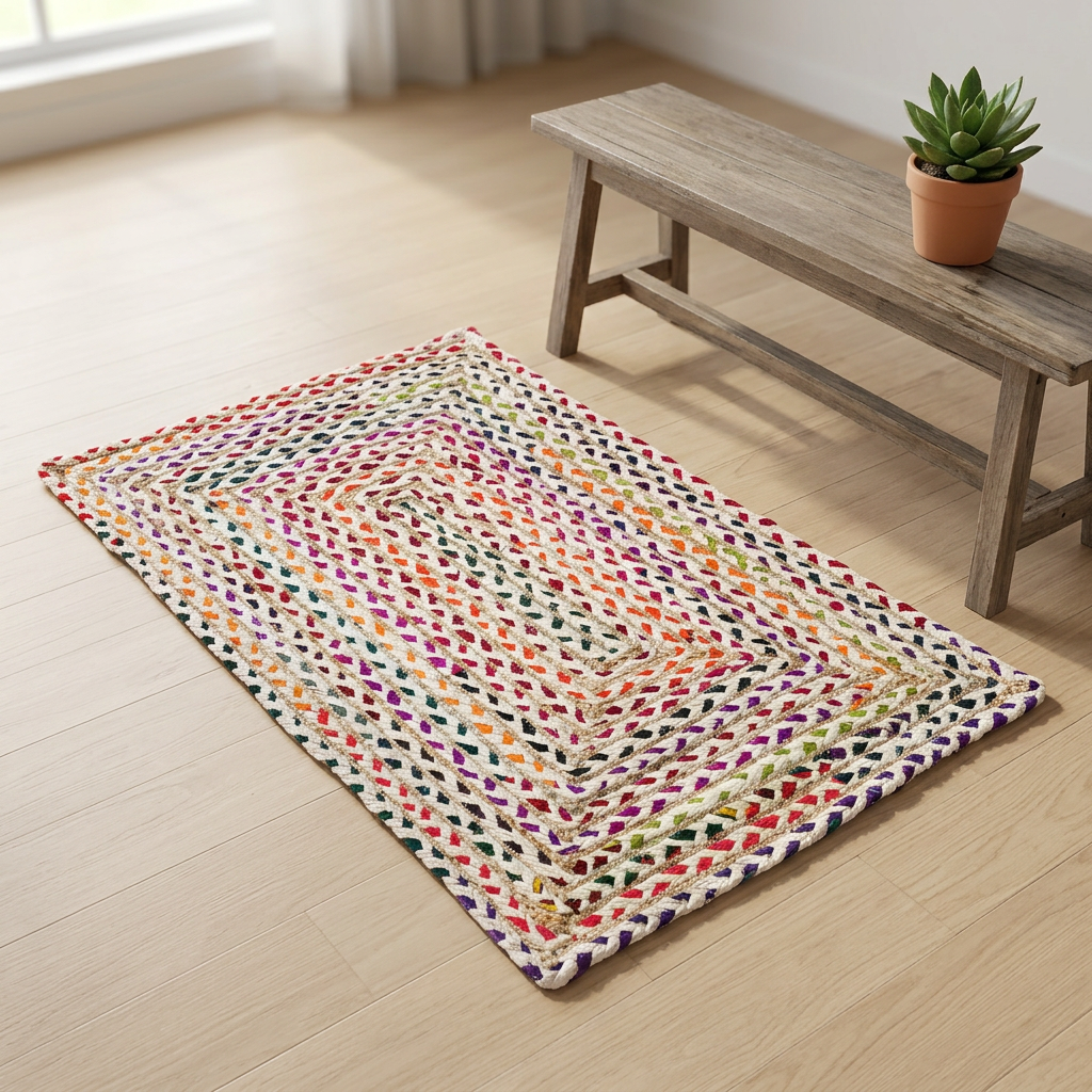 Handmade Rectangular Braided Floor Mat – Cream & Multicolour