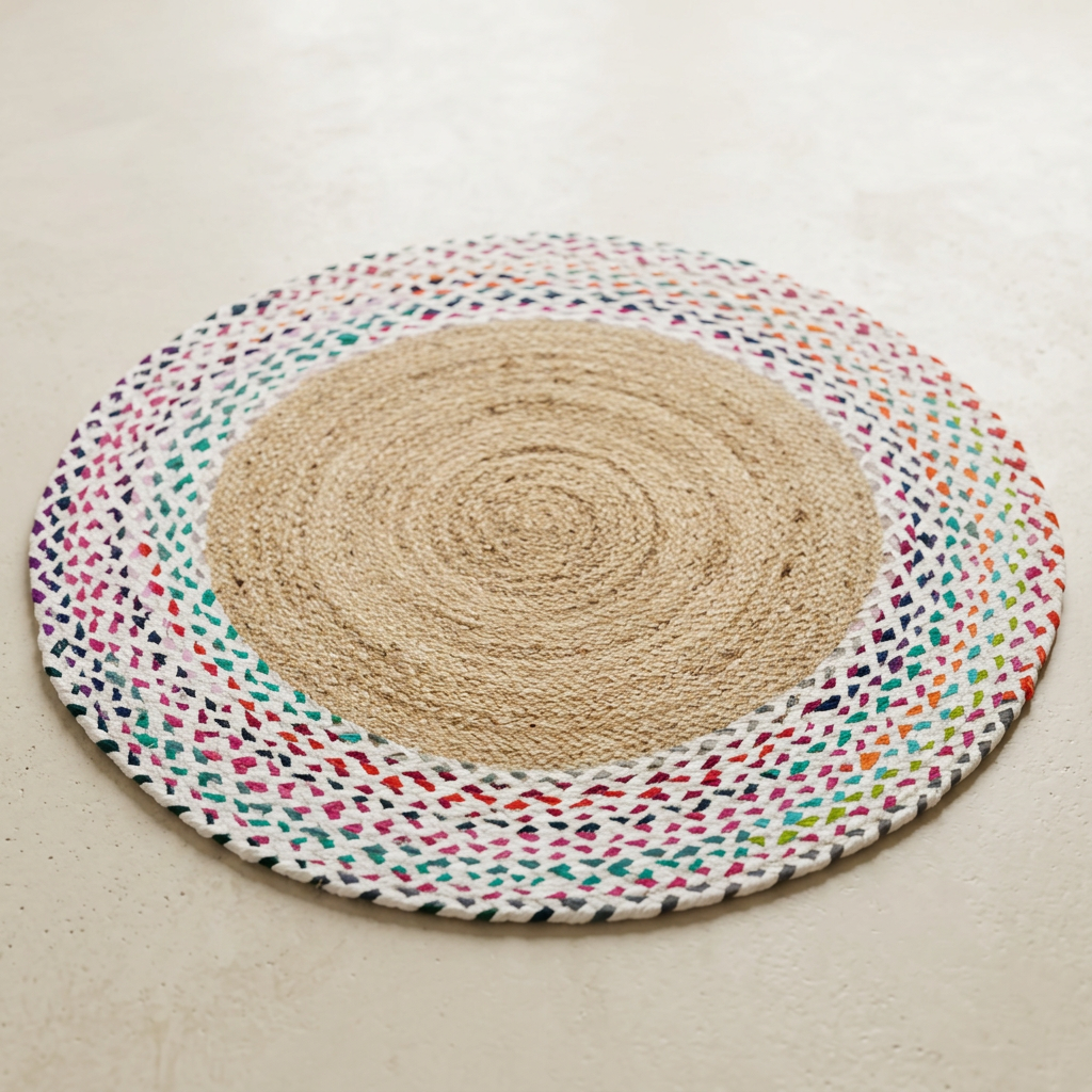 Round Braided Rug with Multicolour Border – 90 cm
