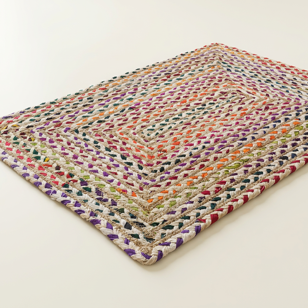 Handmade Rectangular Braided Floor Mat – Cream & Multicolour