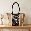 Celestial Print Beige Tote Bag with Black Handles