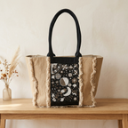 Celestial Print Beige Tote Bag with Black Handles