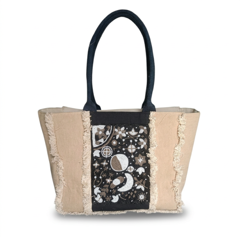 Celestial Print Beige Tote Bag with Black Handles