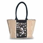 Celestial Print Beige Tote Bag with Black Handles