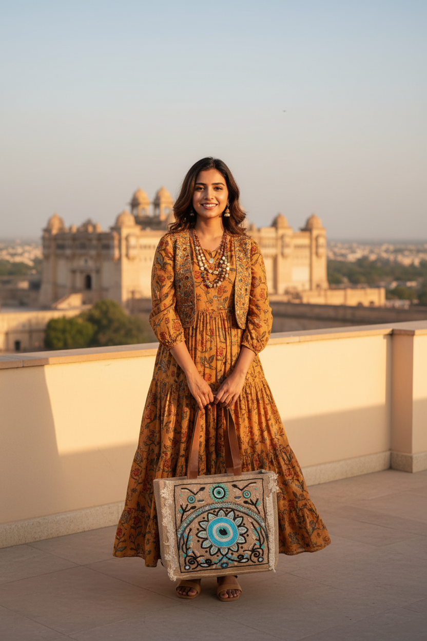 Woman with Jute Tote at Top Location