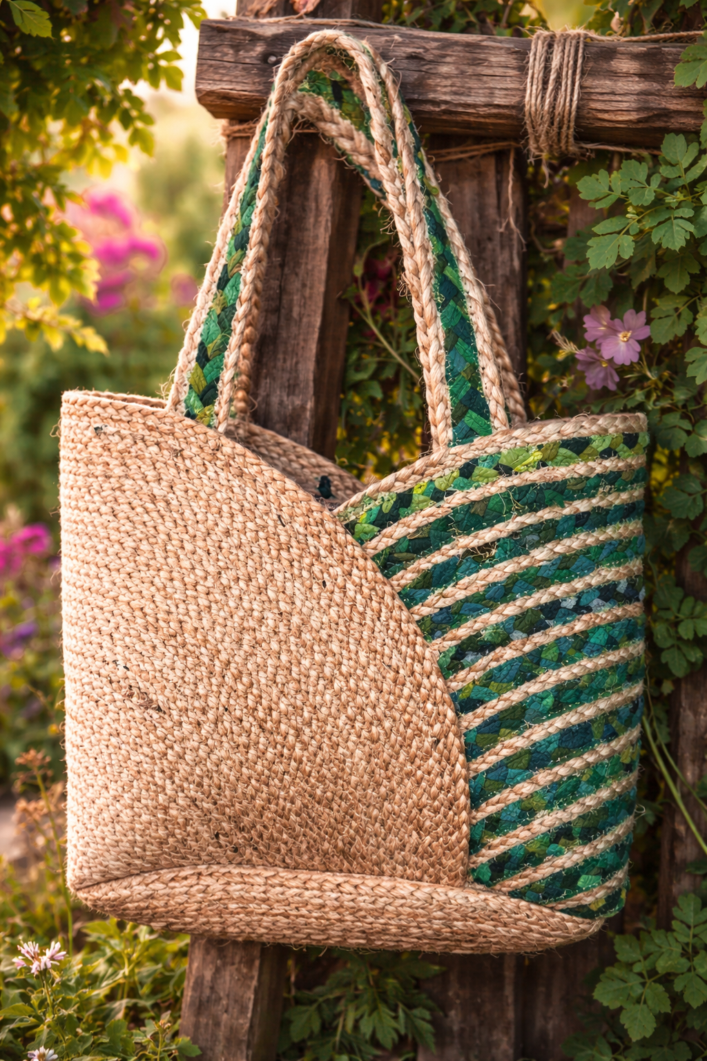 Green And Jute Premium Jute And Cotton Bags For Home Decor